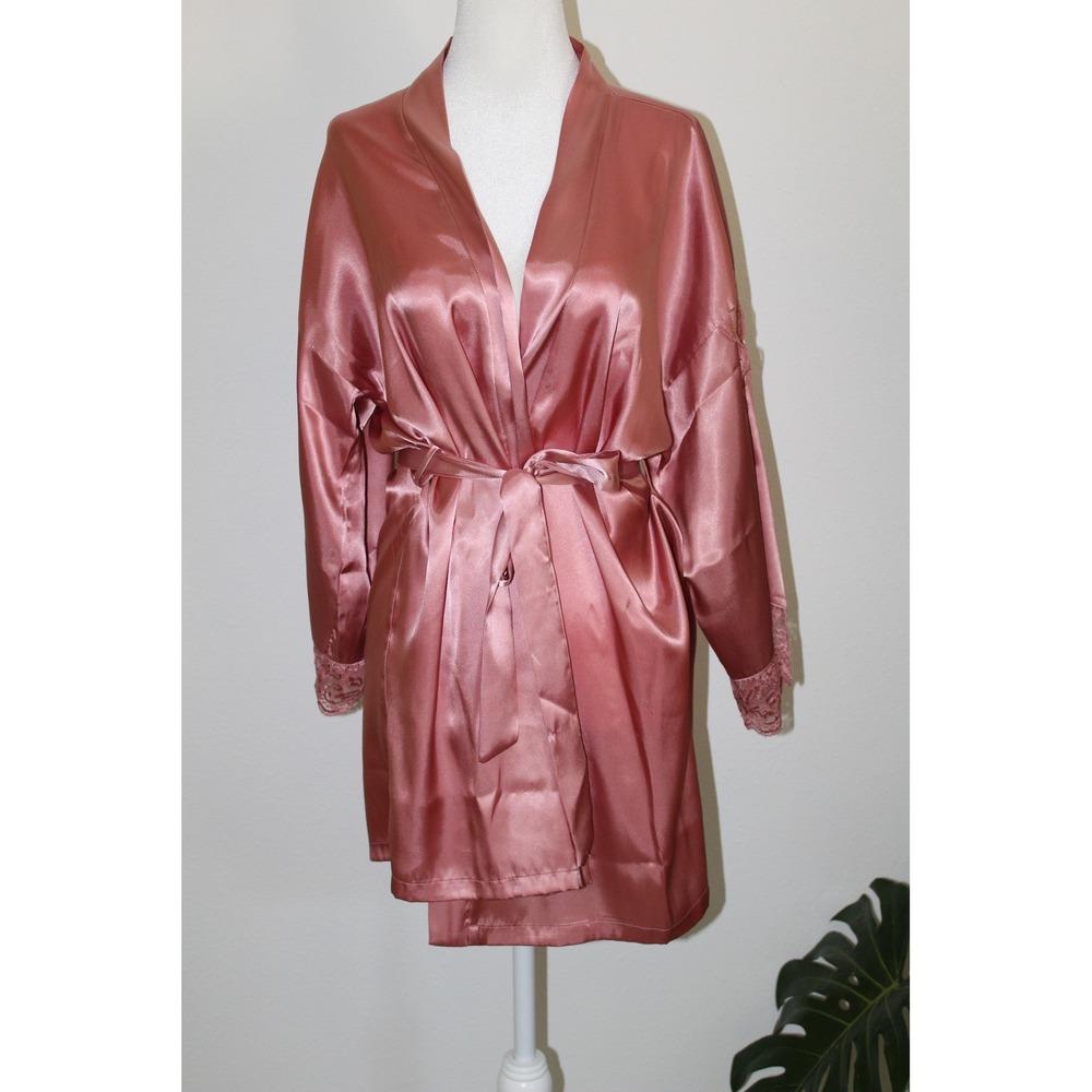 In Bloom by Jonquil Dusty Rose Satin Lace Trim Wrap Robe ORL030 XS-S